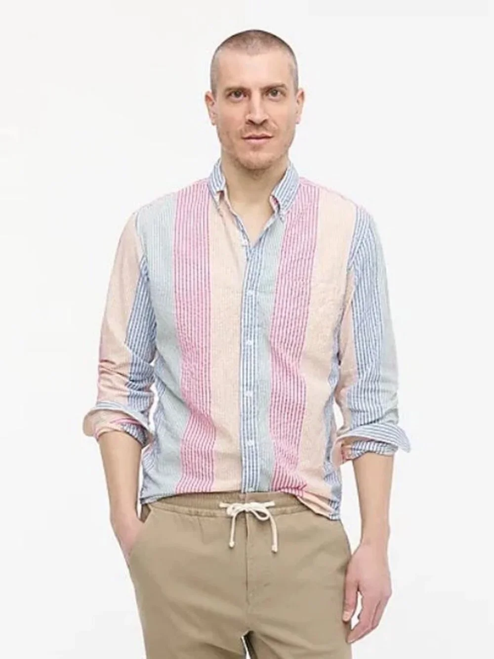 J. Crew Slim Fit Seersucker Shirt in Awning Stripe Multi Button Down Shirt large
